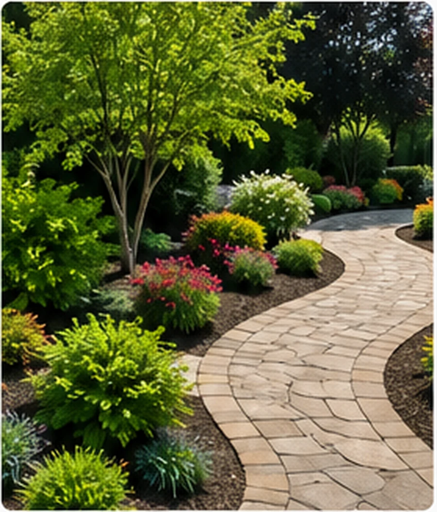 Concept landscaping visual with a curved garden path and planted beds